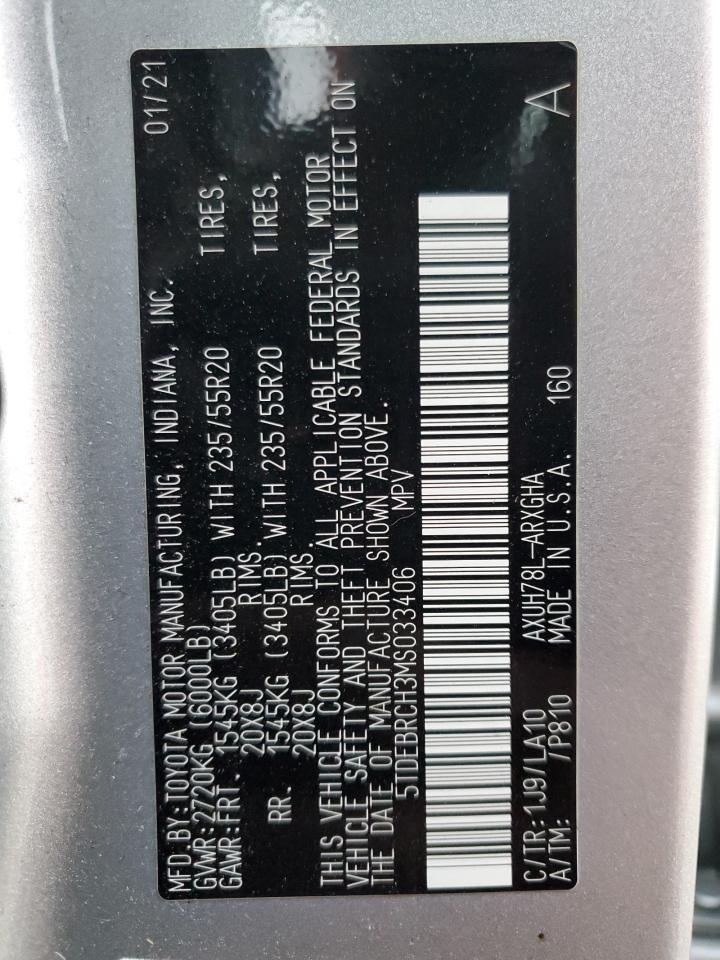 2021 Toyota Highlander VIN 5TDEBRCH3MS033406 Copart auction photo, front end / side damage thumbnail 14