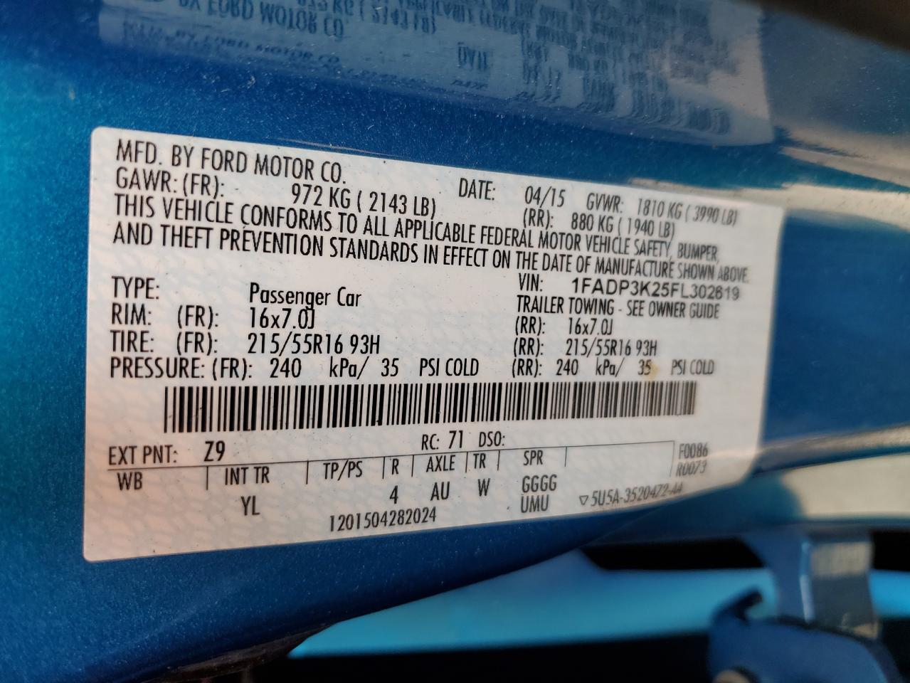 2015 Ford Focus VIN 1FADP3K25FL302619 Copart auction photo, rear end / front end damage thumbnail 13