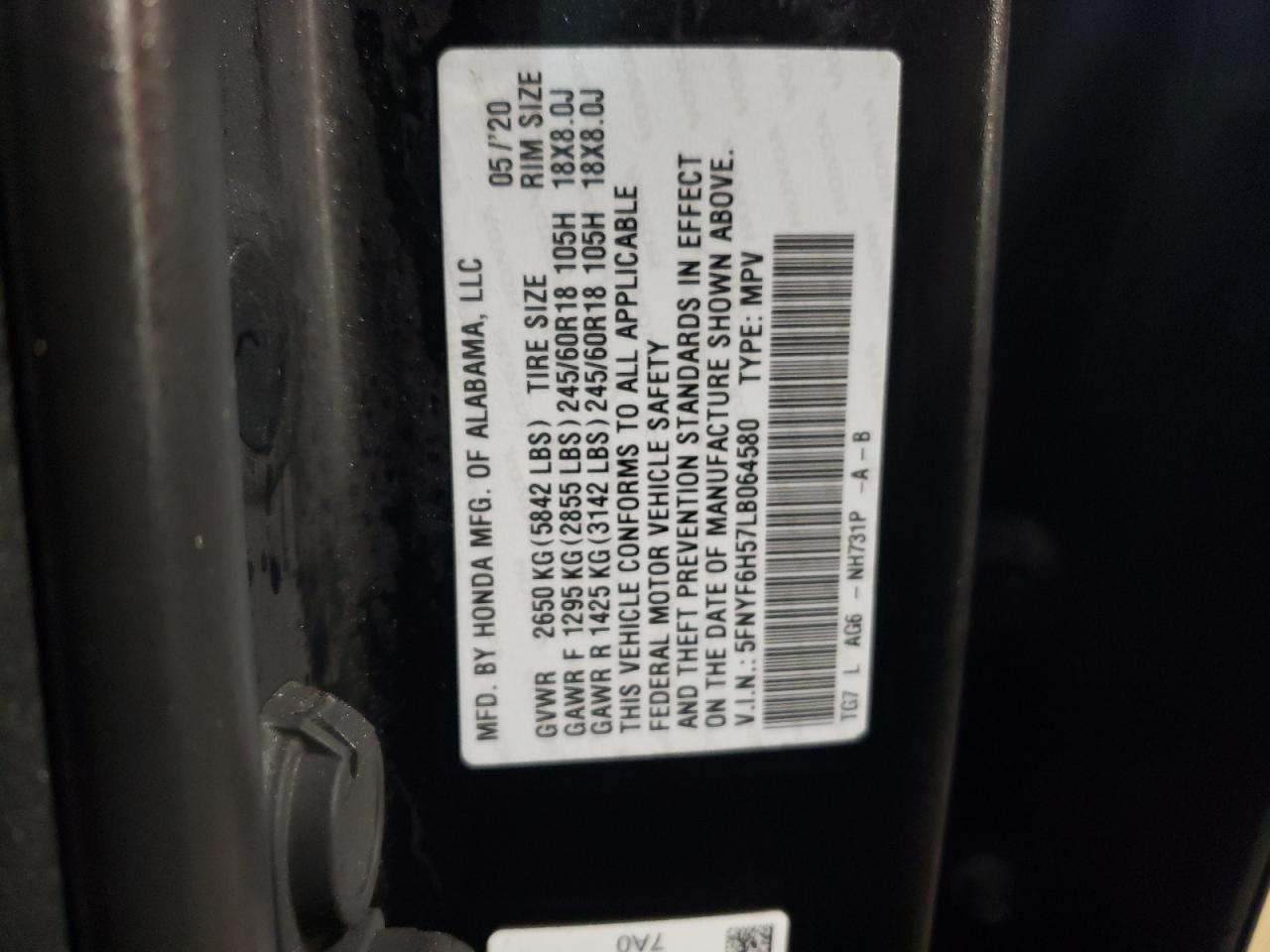 2020 Honda Pilot VIN 5FNYF6H57LB064580 Copart auction photo, front end damage thumbnail 12