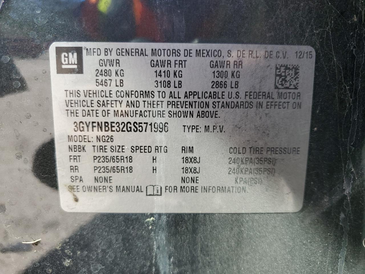 2016 Cadillac SRX VIN 3GYFNBE32GS571996 Copart auction photo, all over damage thumbnail 16