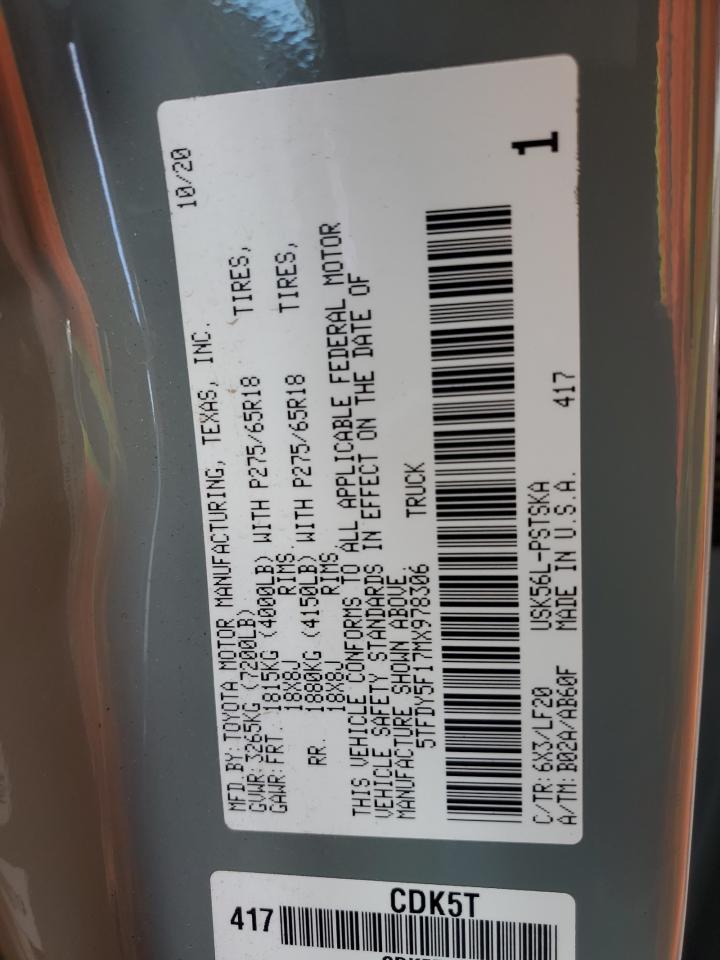 2021 Toyota Tundra VIN 5TFDY5F17MX978306 Copart auction photo, rear end damage thumbnail 12