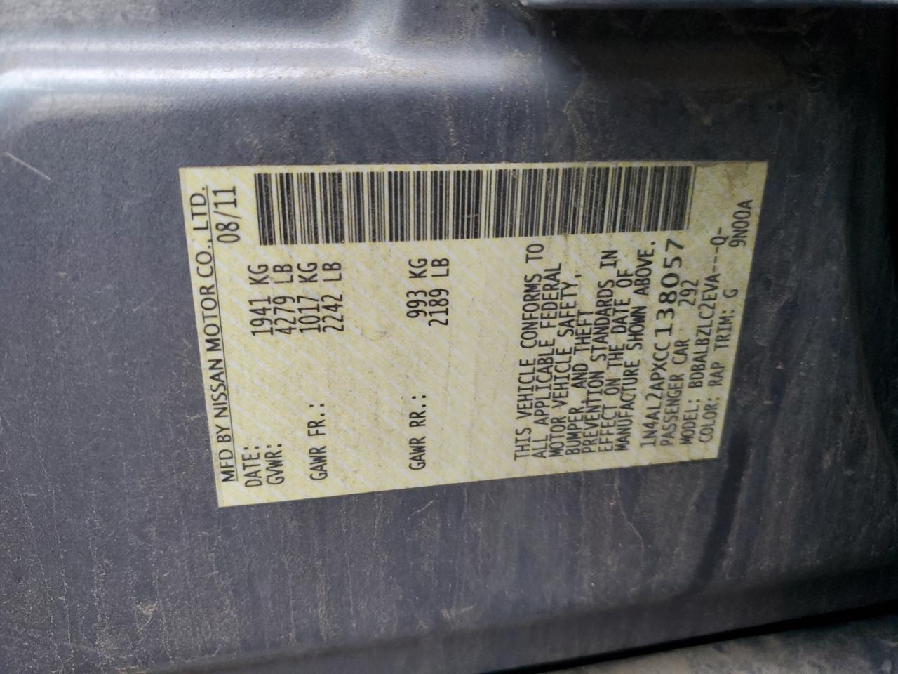 2012 Nissan Altima VIN 1N4AL2APXCC138057 Copart auction photo, front end damage thumbnail 13