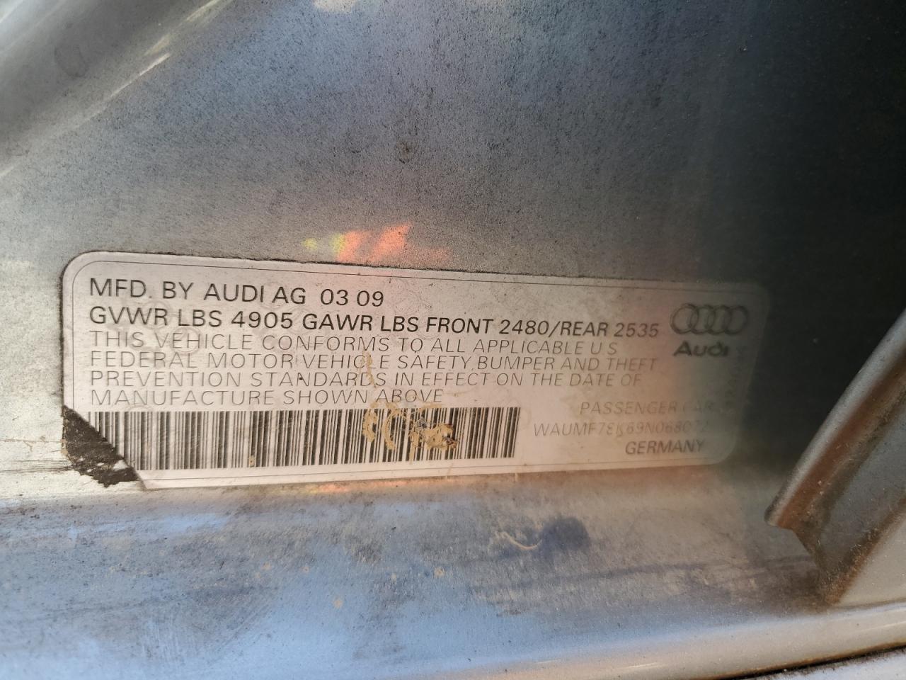 2009 Audi A4 VIN WAUMF78K69N068072 Copart auction photo, water/flood / side damage thumbnail 13