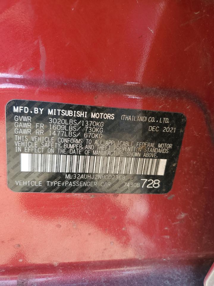 2022 Mitsubishi Mirage VIN ML32AUHJ2NH002368 Copart auction photo, front end / mechanical damage thumbnail 12