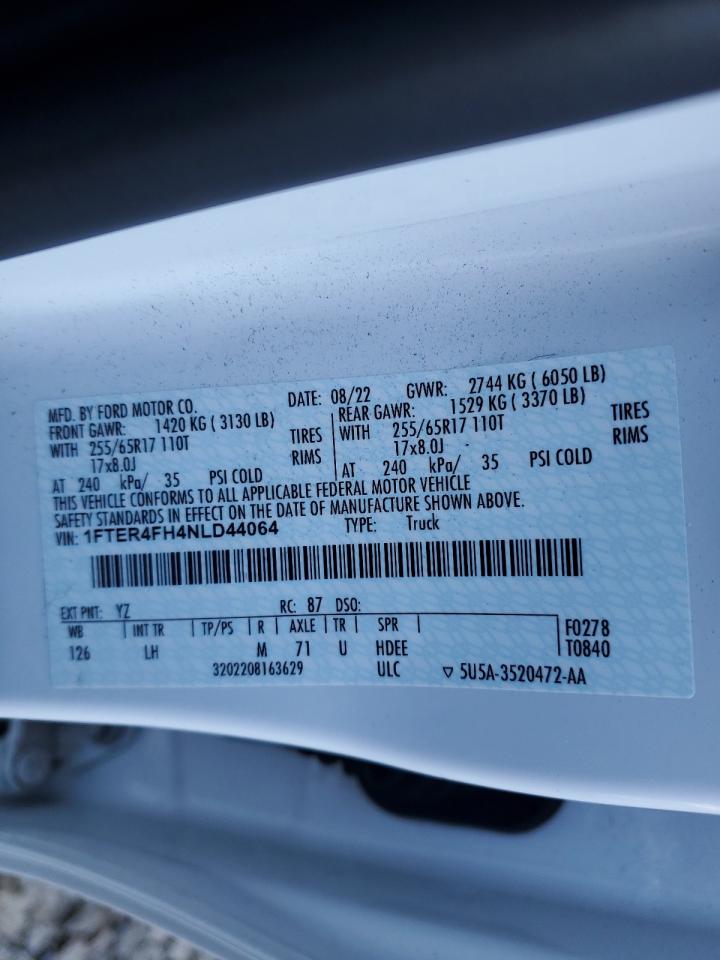 2022 Ford Ranger VIN 1FTER4FH4NLD44064 Copart auction photo, front end damage thumbnail 12