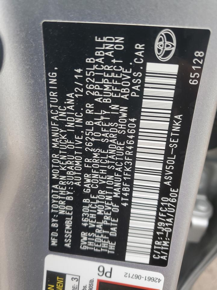 2015 Toyota Camry VIN 4T4BF1FK3FR464604 Copart auction photo, side / front end damage thumbnail 14