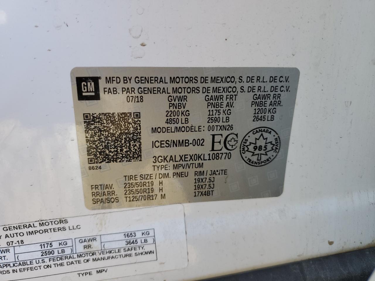 2019 GMC Terrain VIN 3GKALXEX0KL108770 Copart auction photo, rear end / minor dent/scratches damage thumbnail 14