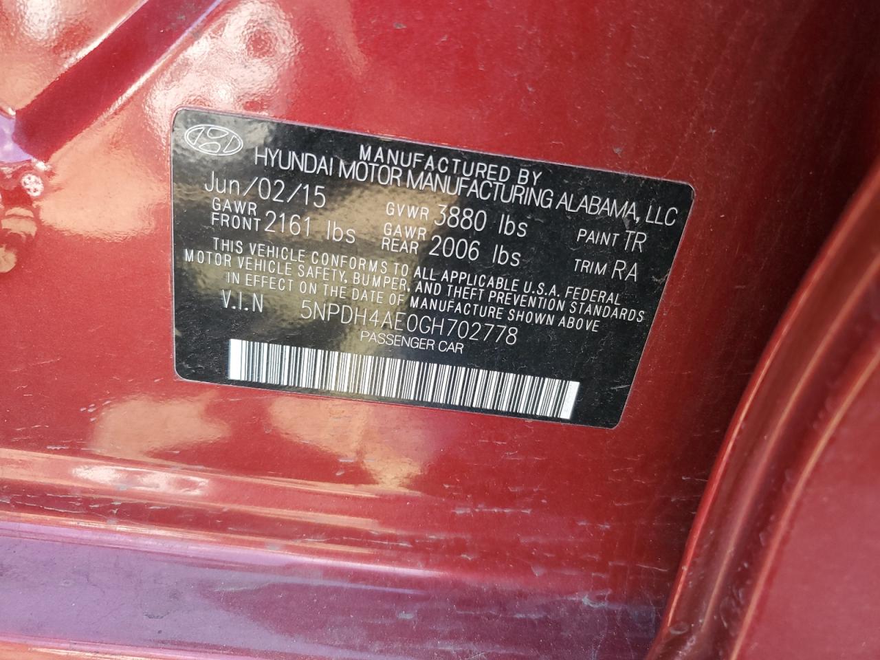 2016 Hyundai Elantra VIN 5NPDH4AE0GH702778 Copart auction photo, vandalism damage thumbnail 12