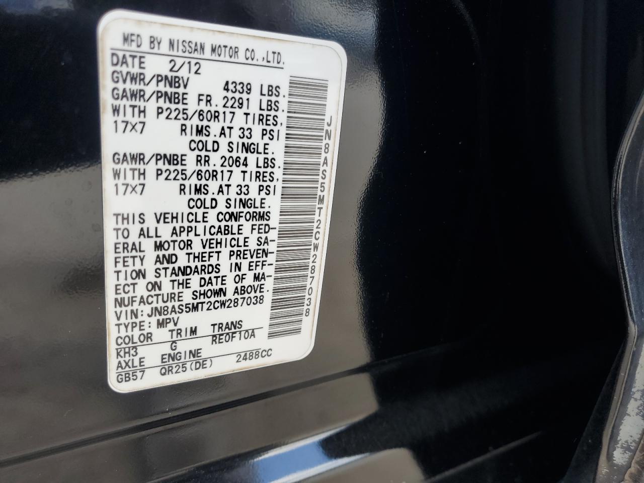2012 Nissan Rogue VIN JN8AS5MT2CW287038 Copart auction photo, front end damage thumbnail 15