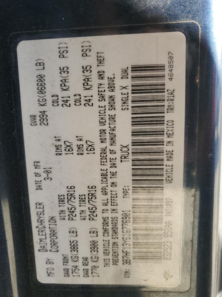 2001 Dodge RAM VIN 3B7HF13Y61G776901 Copart auction photo, side / rear end damage thumbnail 14