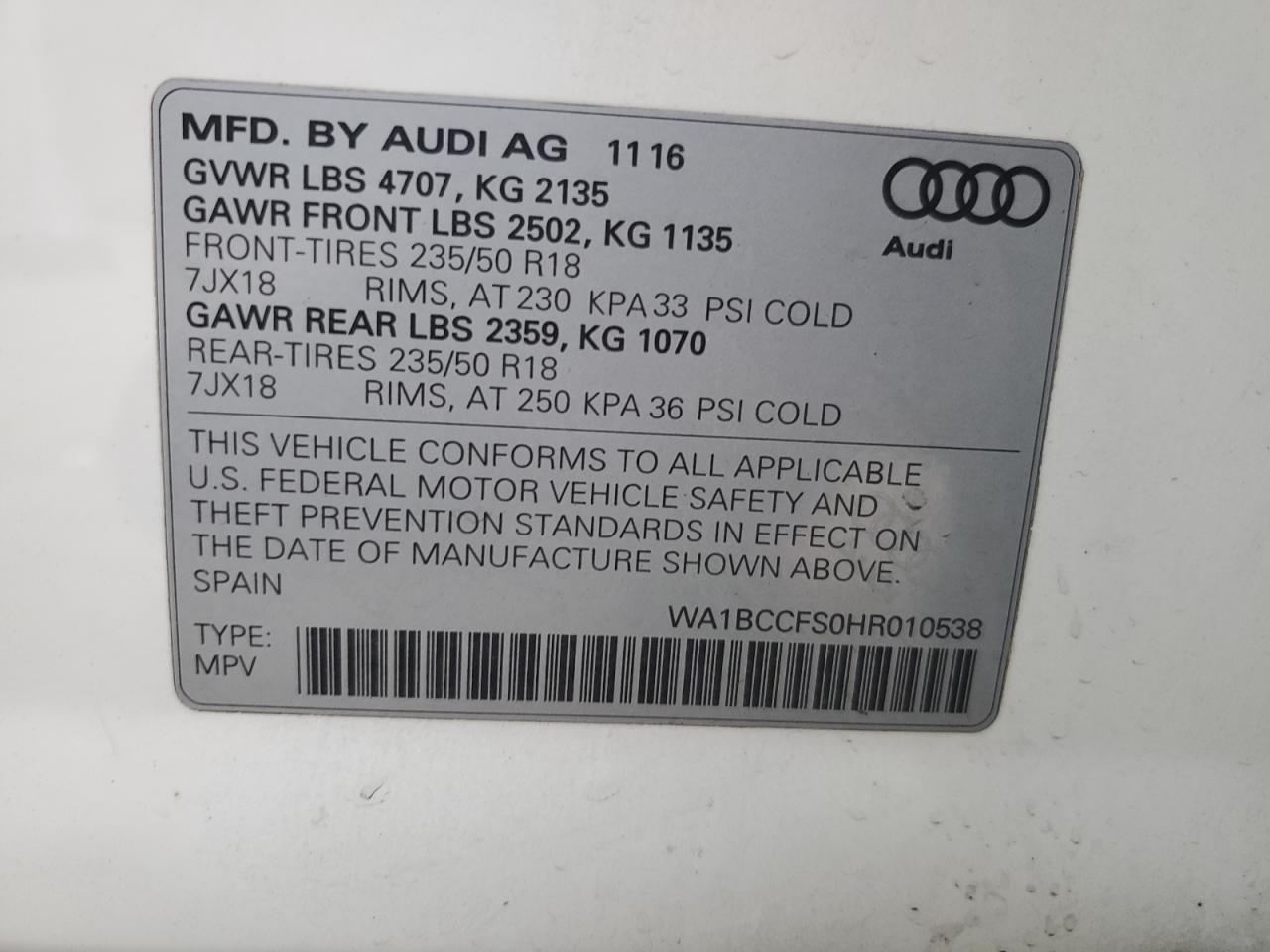 2017 Audi Q3 VIN WA1BCCFS0HR010538 Copart auction photo, front end / mechanical damage thumbnail 12