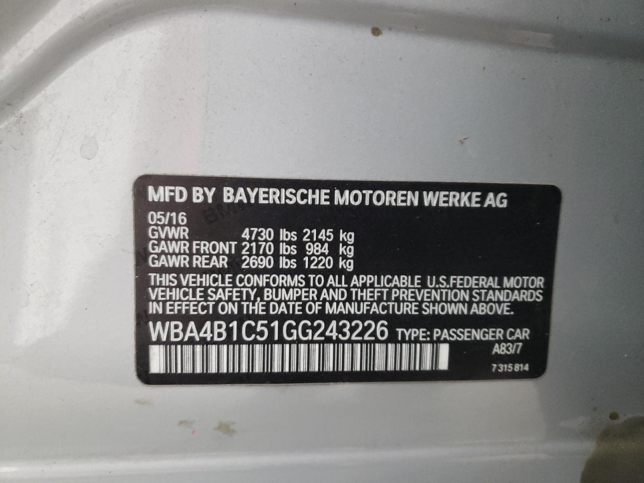 2016 BMW 4er VIN WBA4B1C51GG243226 Copart auction photo, front end damage thumbnail 12