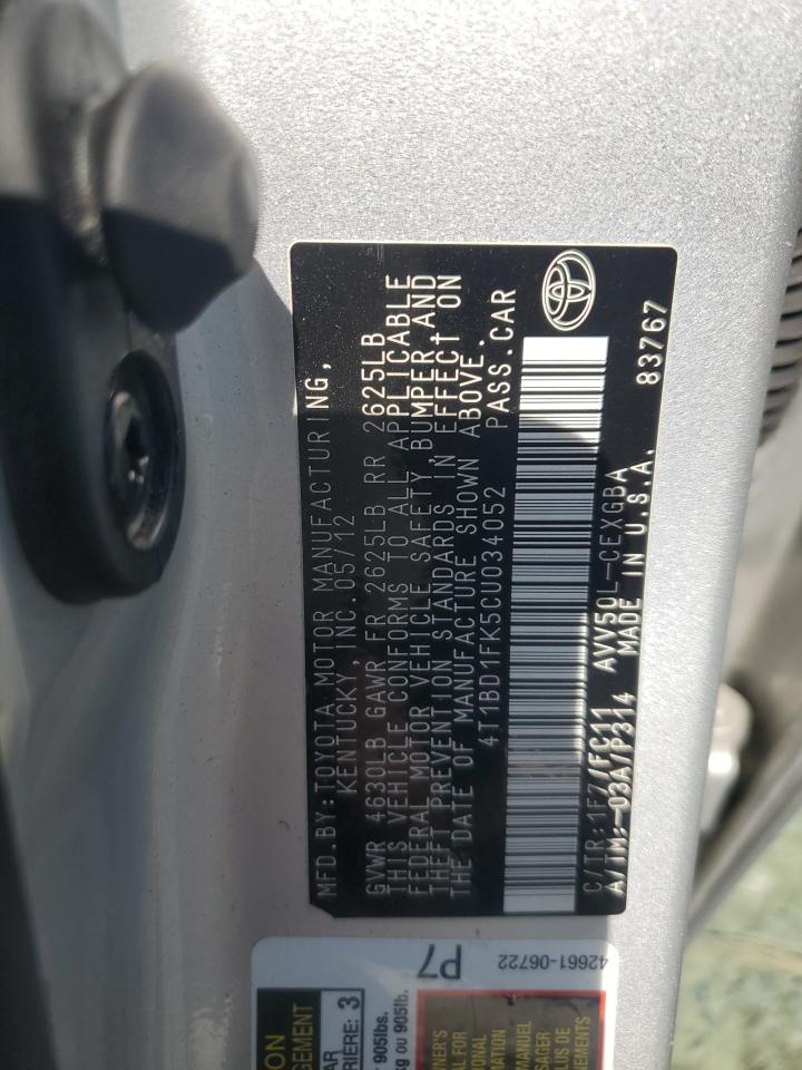 2012 Toyota Camry VIN 4T1BD1FK5CU034052 Copart auction photo, front end damage thumbnail 14