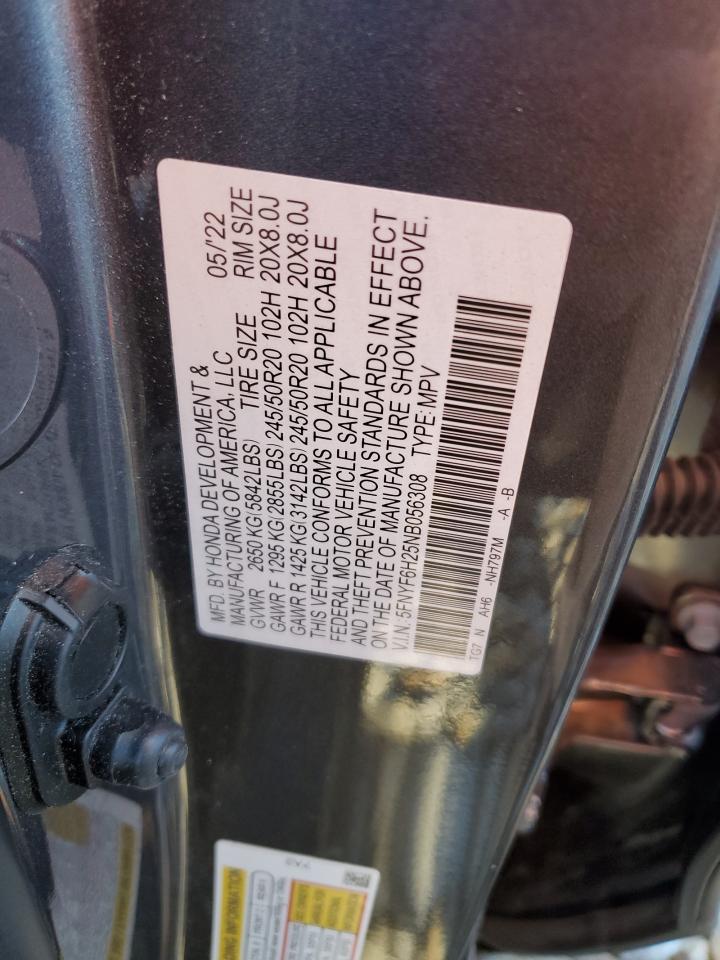 2022 Honda Pilot VIN 5FNYF6H25NB056308 Copart auction photo, front end damage thumbnail 16