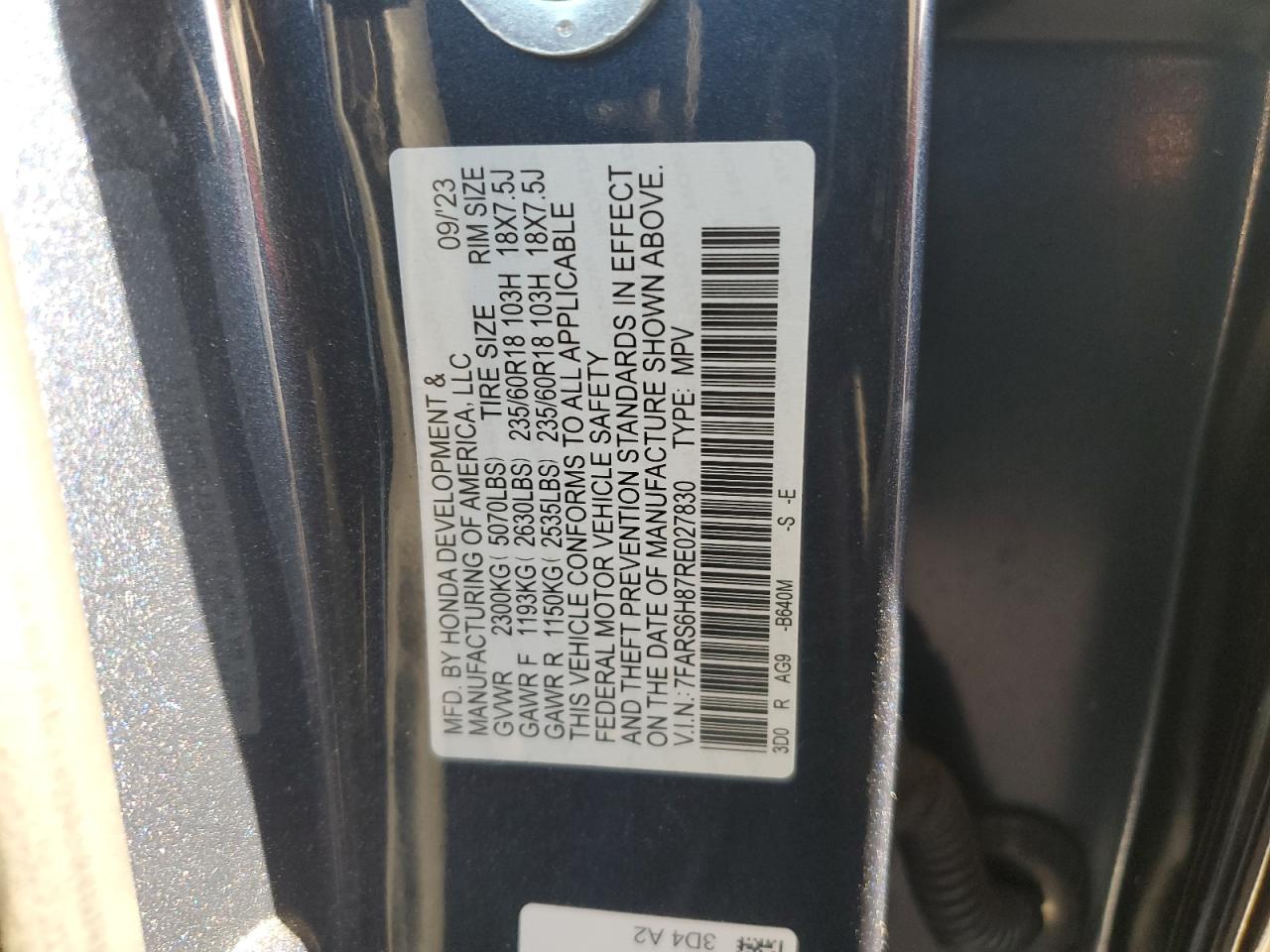 2024 Honda CR-V VIN 7FARS6H87RE027830 Copart auction photo, side / front end damage thumbnail 13