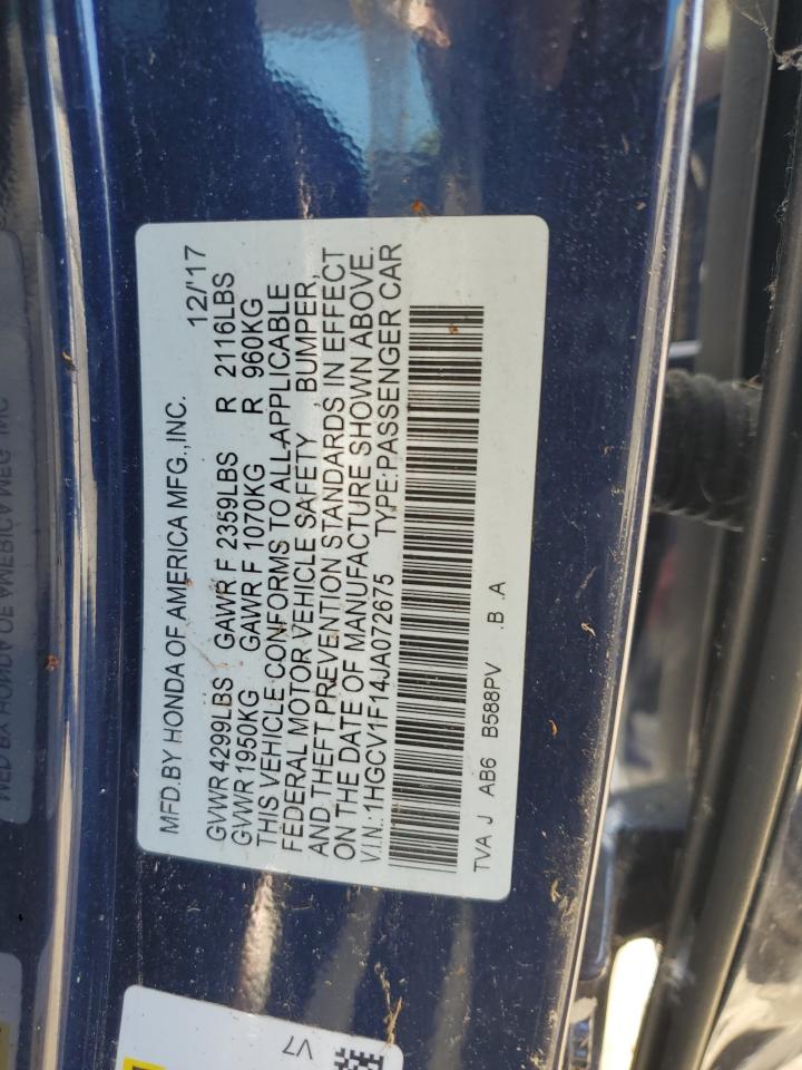 2018 Honda Accord VIN 1HGCV1F14JA072675 Copart auction photo, all over damage thumbnail 13