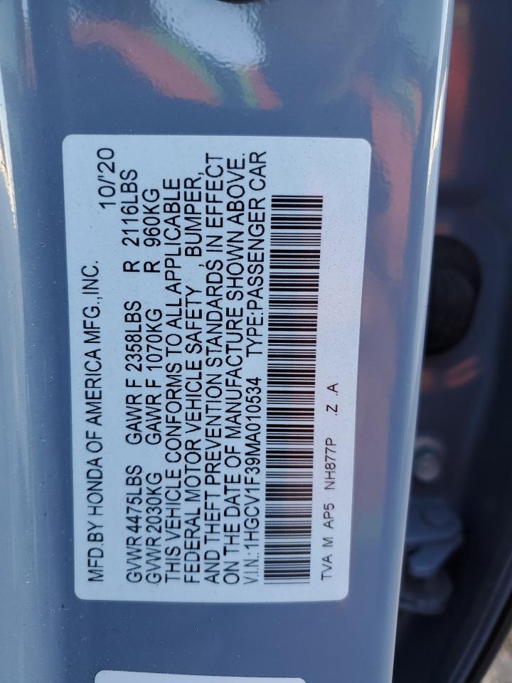 2021 Honda Accord VIN 1HGCV1F39MA010534 Copart auction photo, rear end damage thumbnail 12