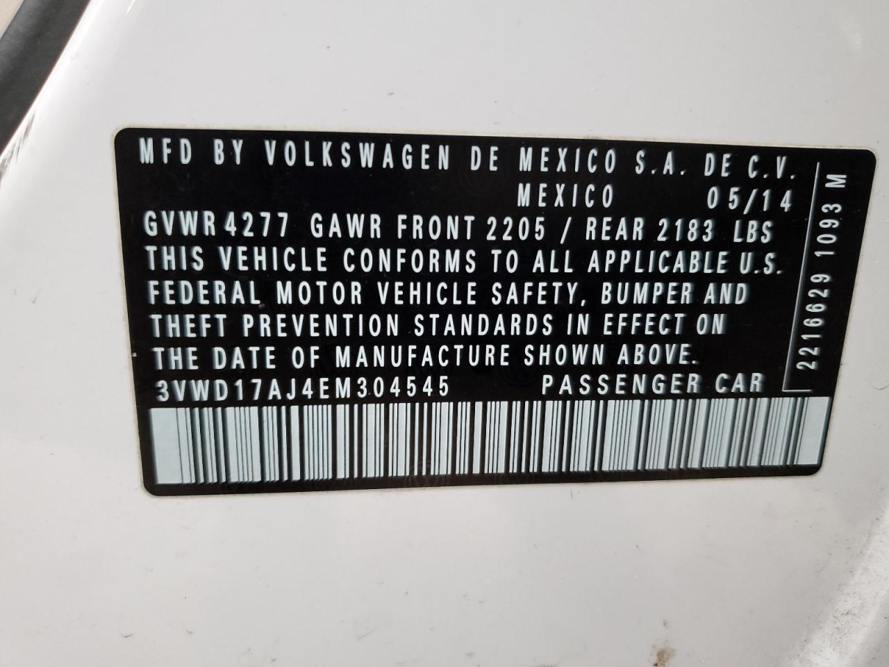 2014 Volkswagen Jetta VIN 3VWD17AJ4EM304545 Copart auction photo, rear end damage thumbnail 12