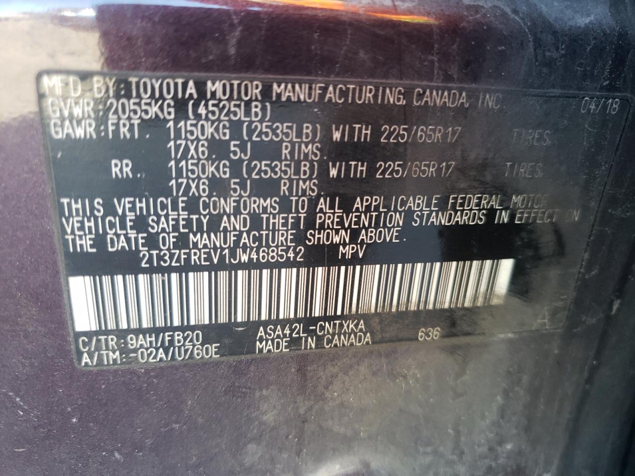 2018 Toyota RAV 4 VIN 2T3ZFREV1JW468542 Copart auction photo, front end damage thumbnail 13