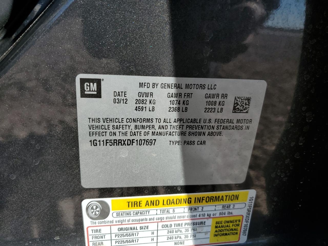 2013 Chevrolet Malibu VIN 1G11F5RRXDF107697 Copart auction photo, front end / side damage thumbnail 12