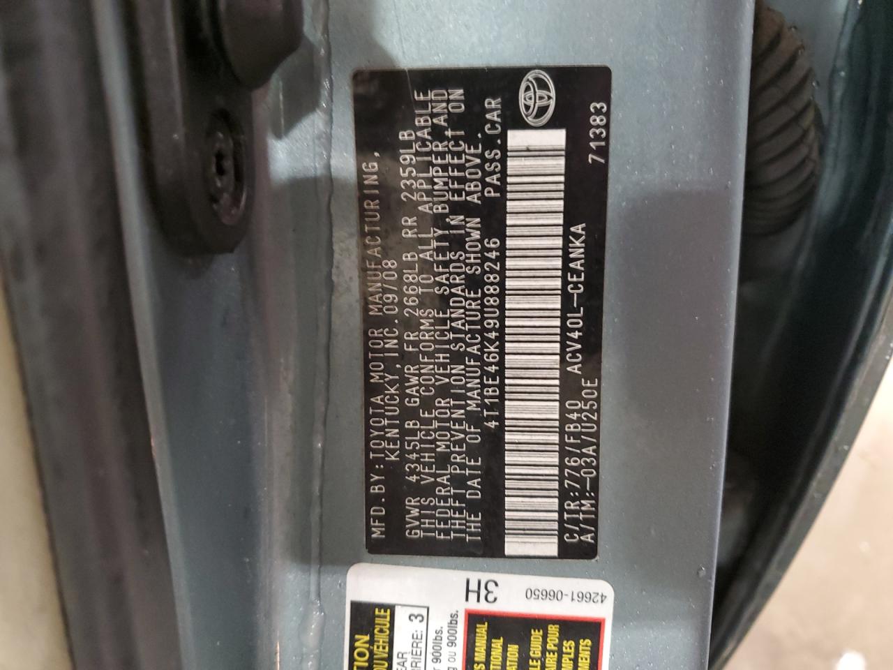 2009 Toyota Camry VIN 4T1BE46K49U888246 Copart auction photo, rear end damage thumbnail 12