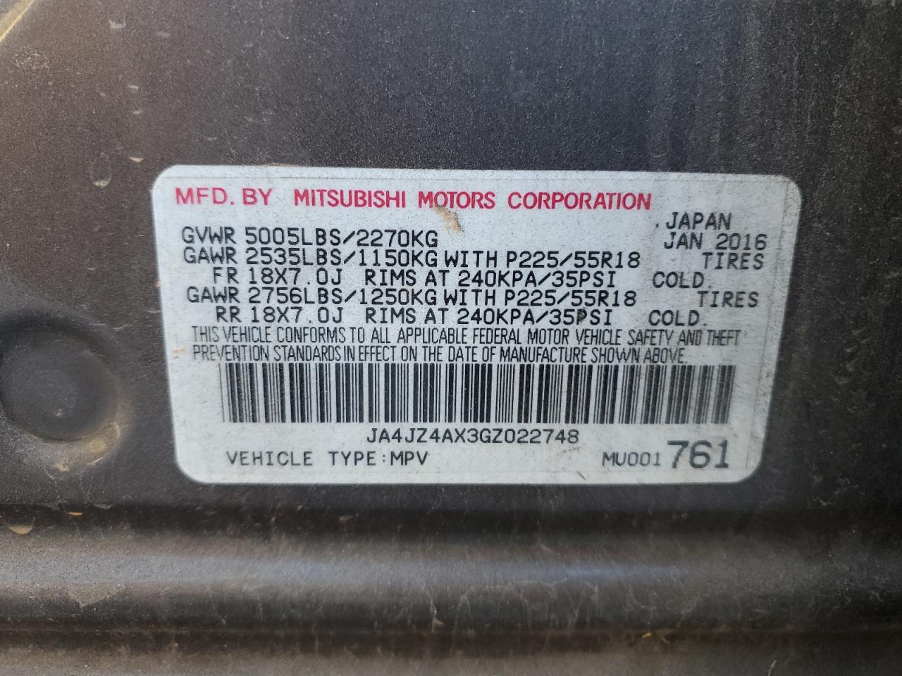 2016 Mitsubishi Outlander VIN JA4JZ4AX3GZ022748 Copart auction photo, rear end damage thumbnail 14