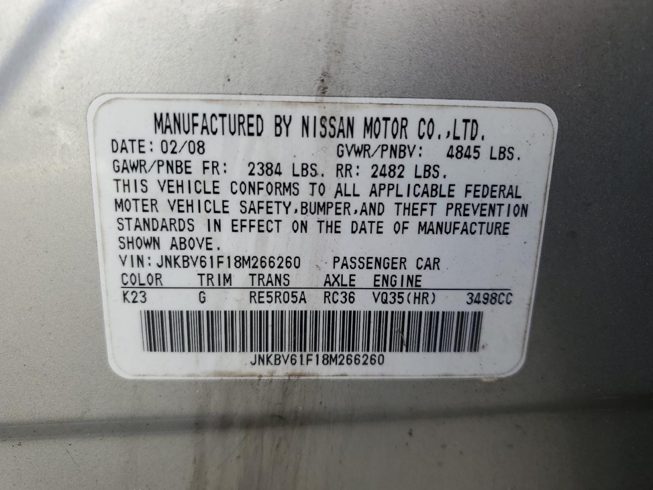 2008 Infiniti G VIN JNKBV61F18M266260 Copart auction photo, front end damage thumbnail 13