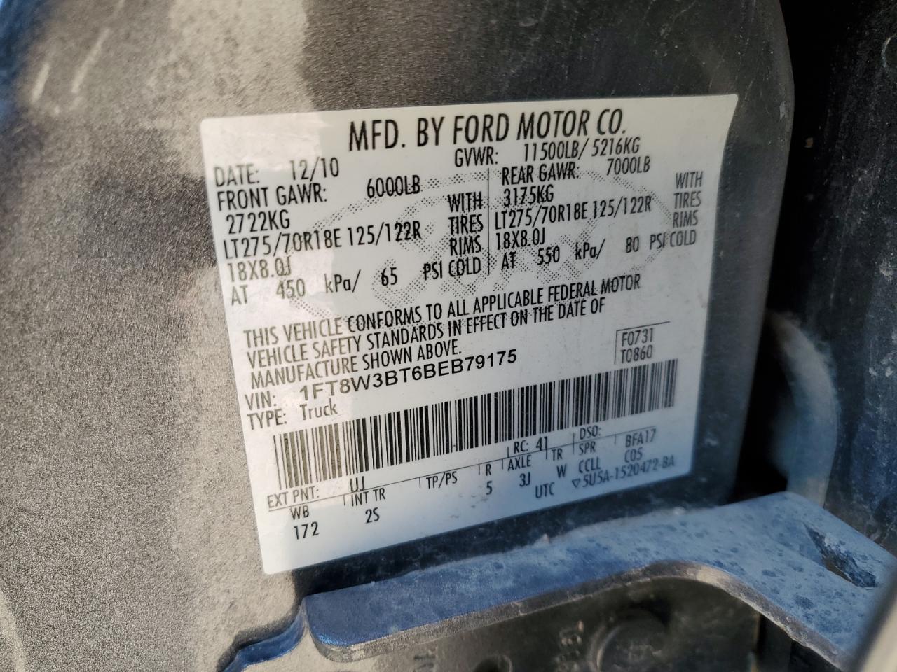 2011 Ford F350 VIN 1FT8W3BT6BEB79175 Copart auction photo, mechanical damage thumbnail 12