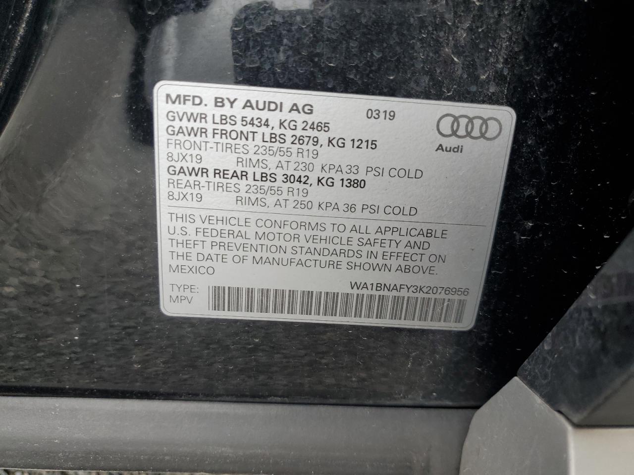 2019 Audi Q5 VIN WA1BNAFY3K2076956 Copart auction photo, water/flood damage thumbnail 14