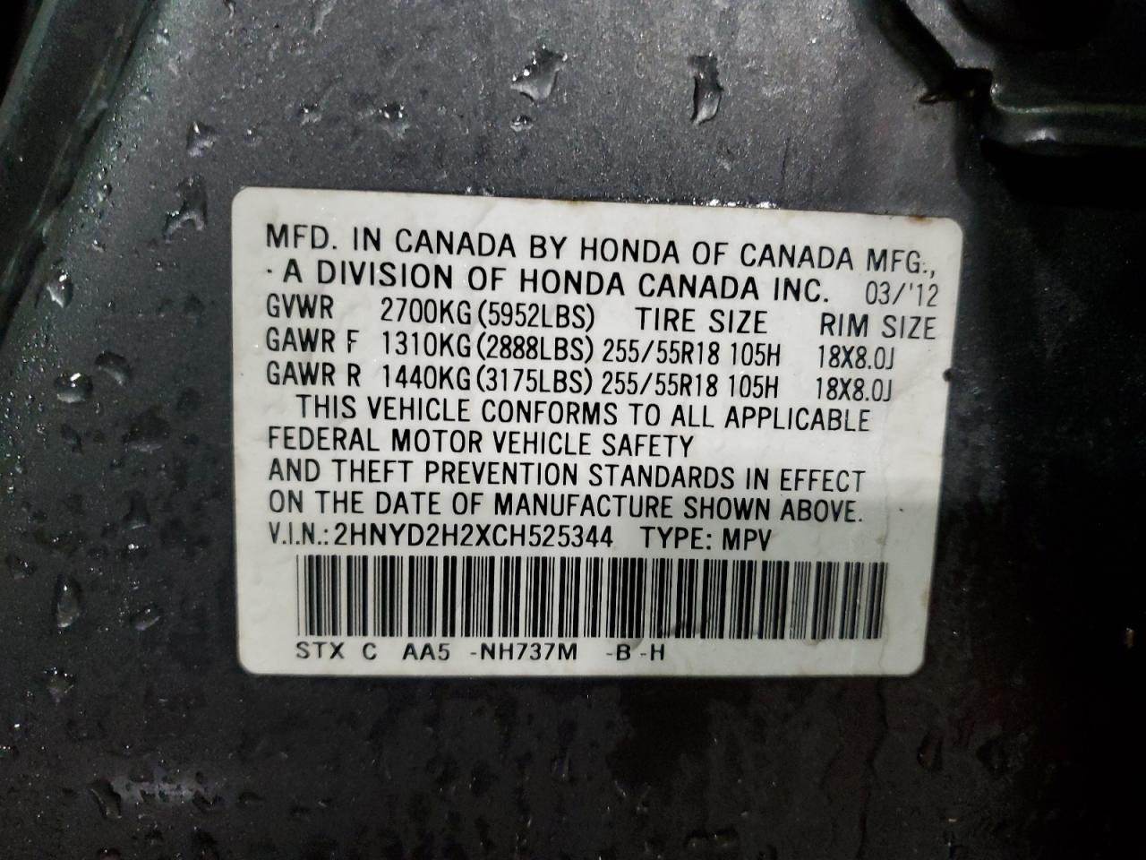 2012 Acura MDX VIN 2HNYD2H2XCH525344 Copart auction photo, front end damage thumbnail 14