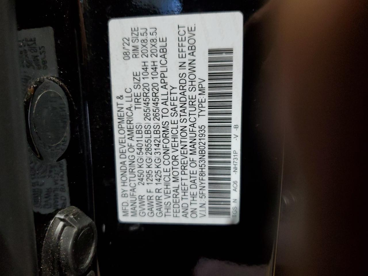 2022 Honda Passport VIN 5FNYF8H53NB021935 Copart auction photo, front end / side damage thumbnail 13
