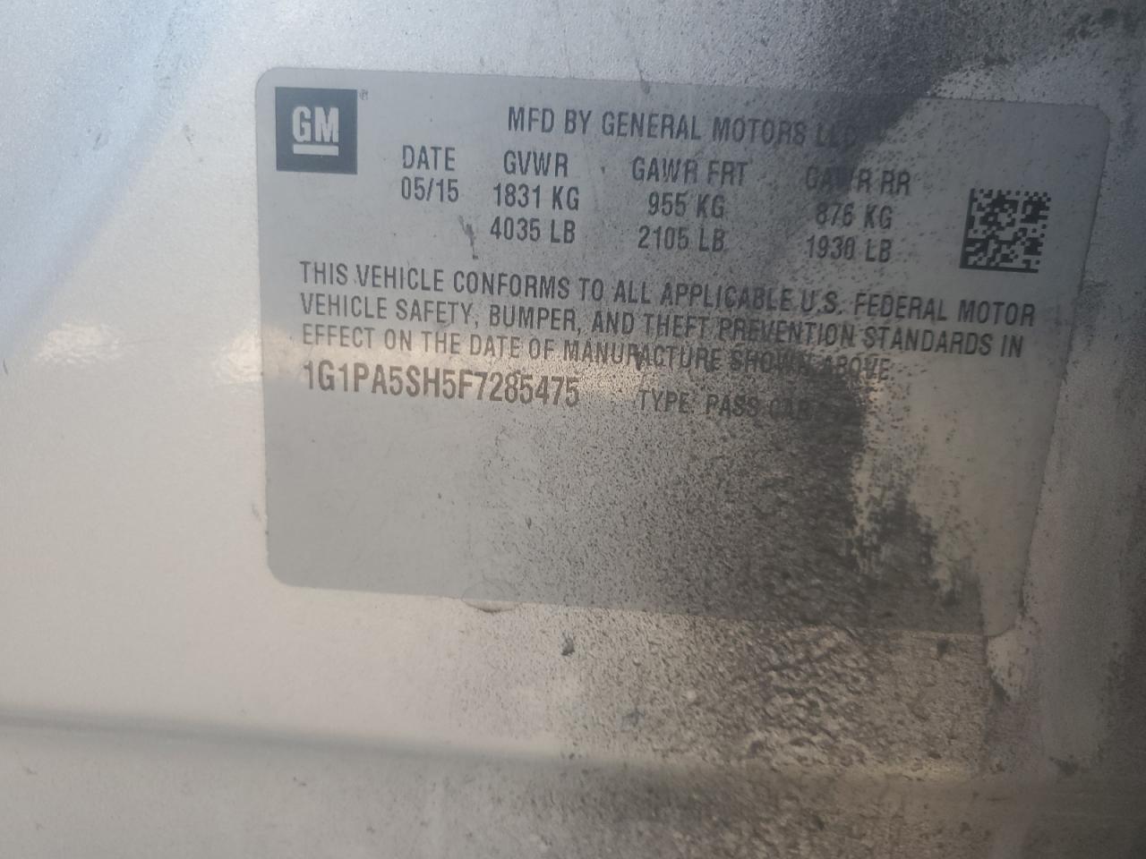 2015 Chevrolet Cruze VIN 1G1PA5SH5F7285475 Copart auction photo, front end damage thumbnail 12
