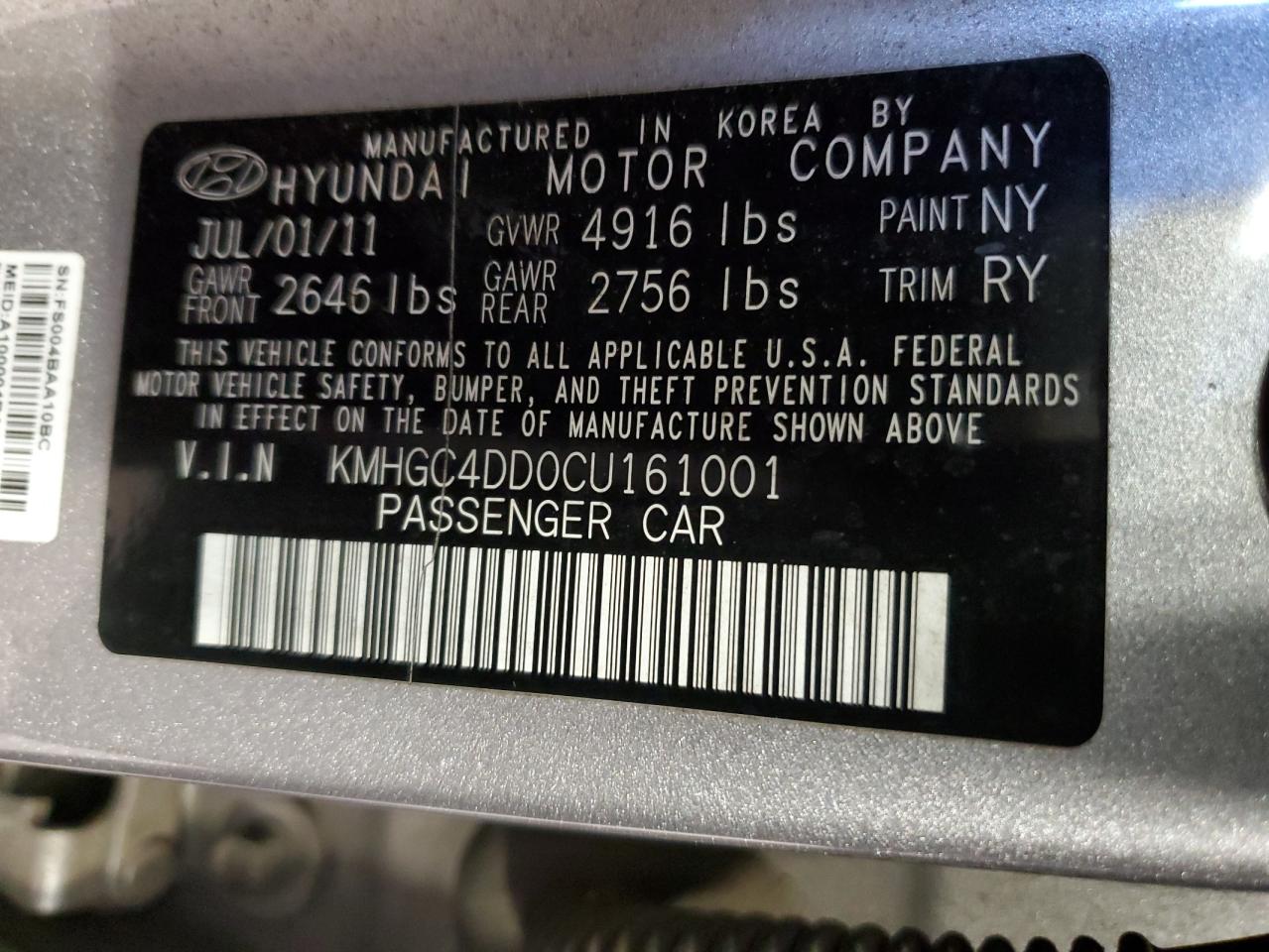 2012 Hyundai Genesis VIN KMHGC4DD0CU161001 Copart auction photo, front end / rear end damage thumbnail 13