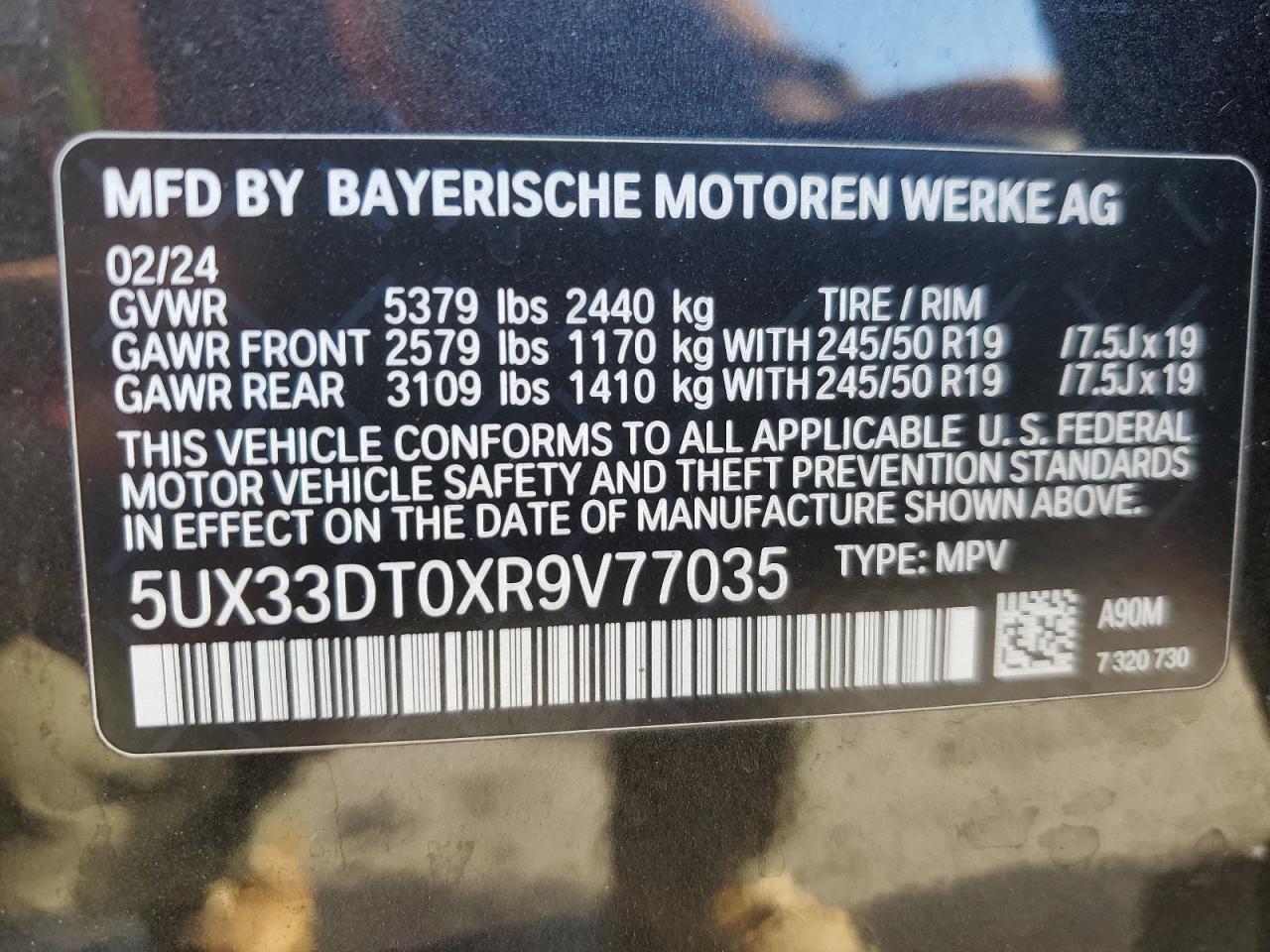 2024 BMW X4 VIN 5UX33DT0XR9V77035 Copart auction photo, front end / minor dent/scratches damage thumbnail 14