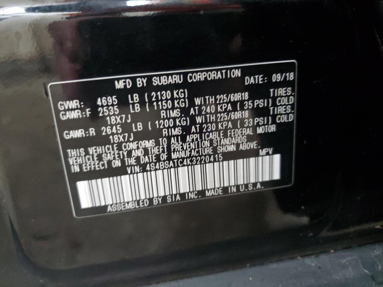 2019 Subaru Outback VIN 4S4BSATC4K3220415 Copart auction photo, rear end damage thumbnail 14