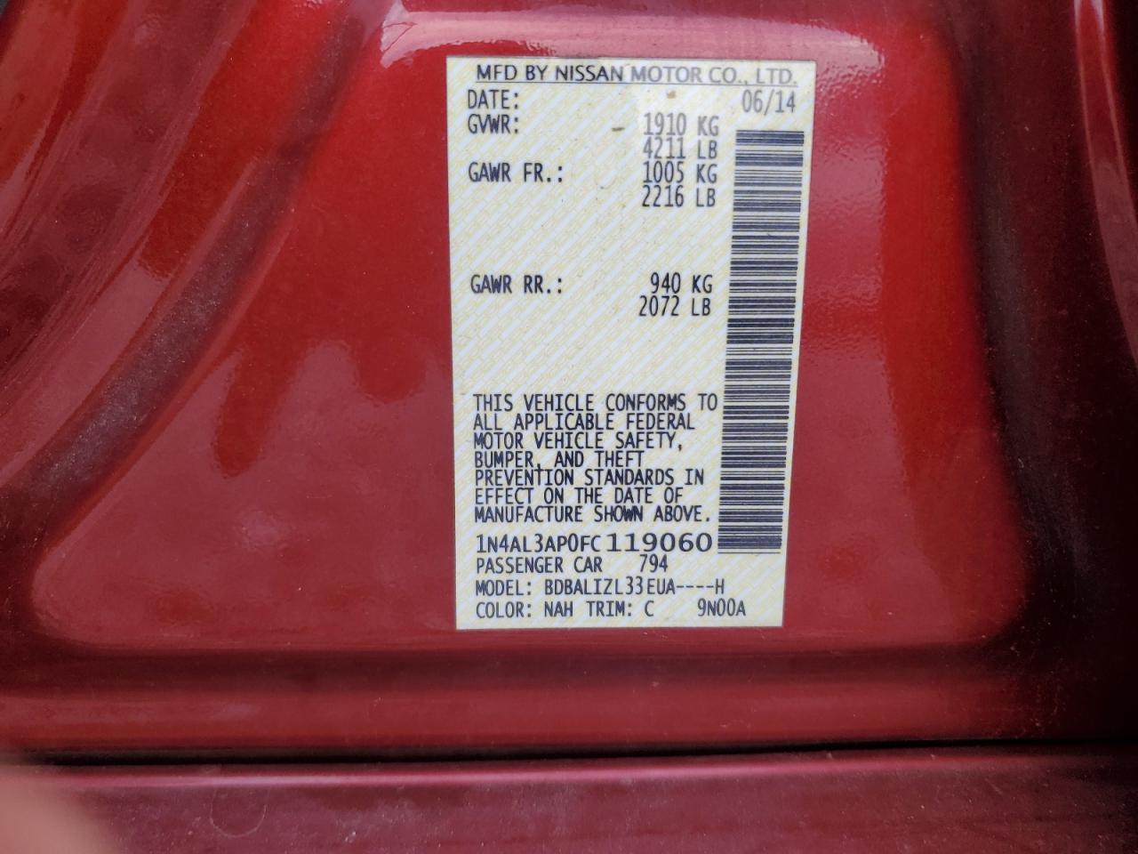 2015 Nissan Altima VIN 1N4AL3AP0FC119060 Copart auction photo, front end damage thumbnail 14