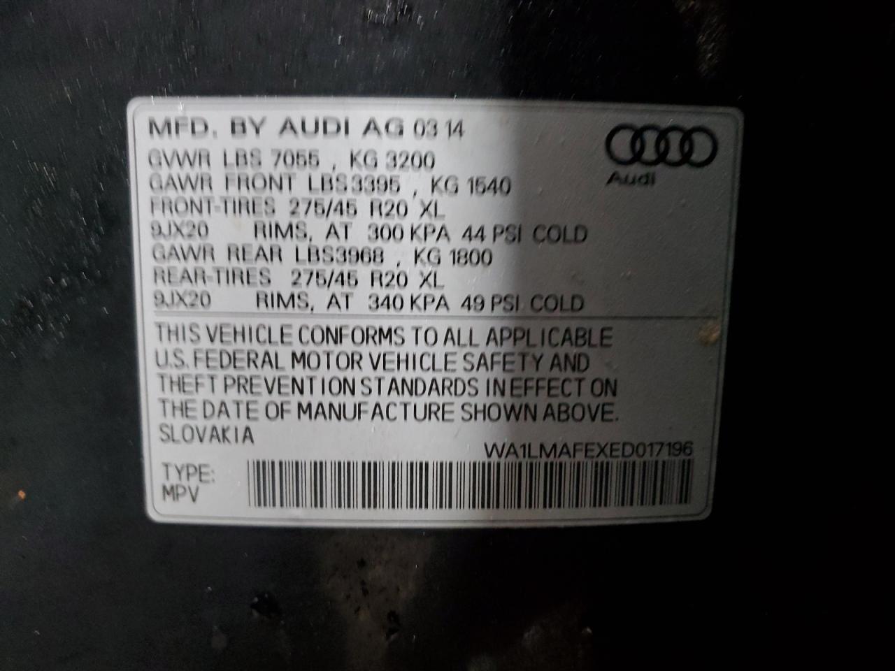2014 Audi Q7 VIN WA1LMAFEXED017196 Copart auction photo, front end / minor dent/scratches damage thumbnail 13