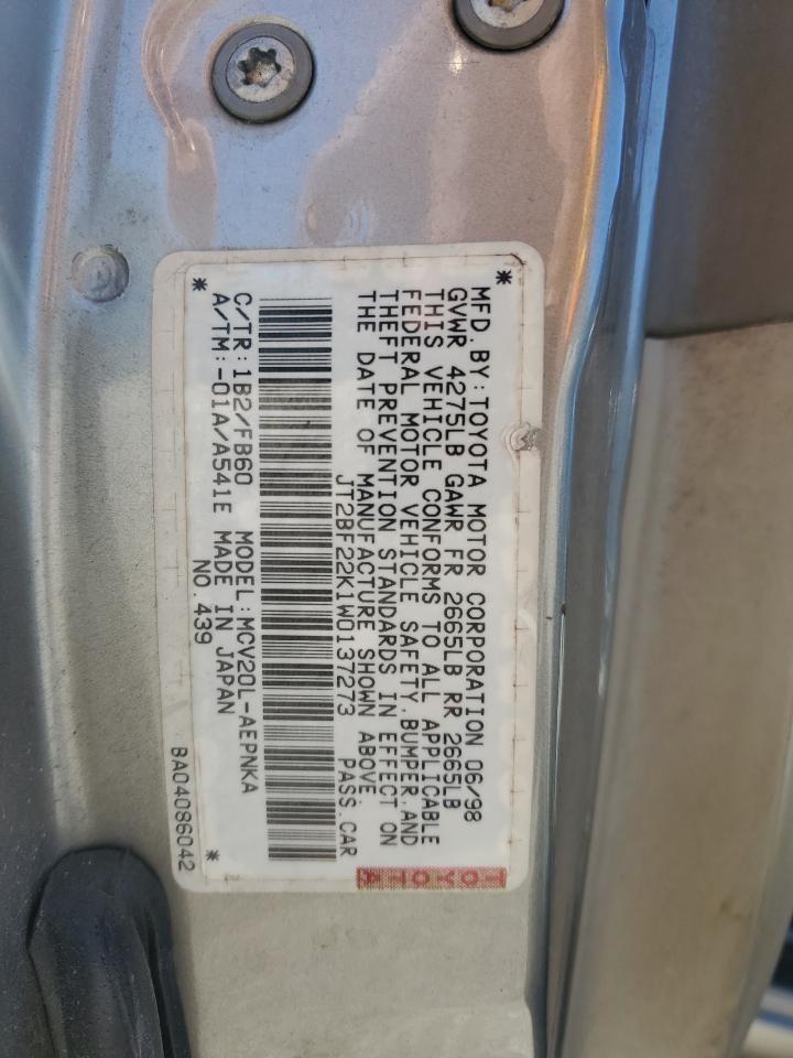 1998 Toyota Camry VIN JT2BF22K1W0137273 Copart auction photo, side / front end damage thumbnail 13