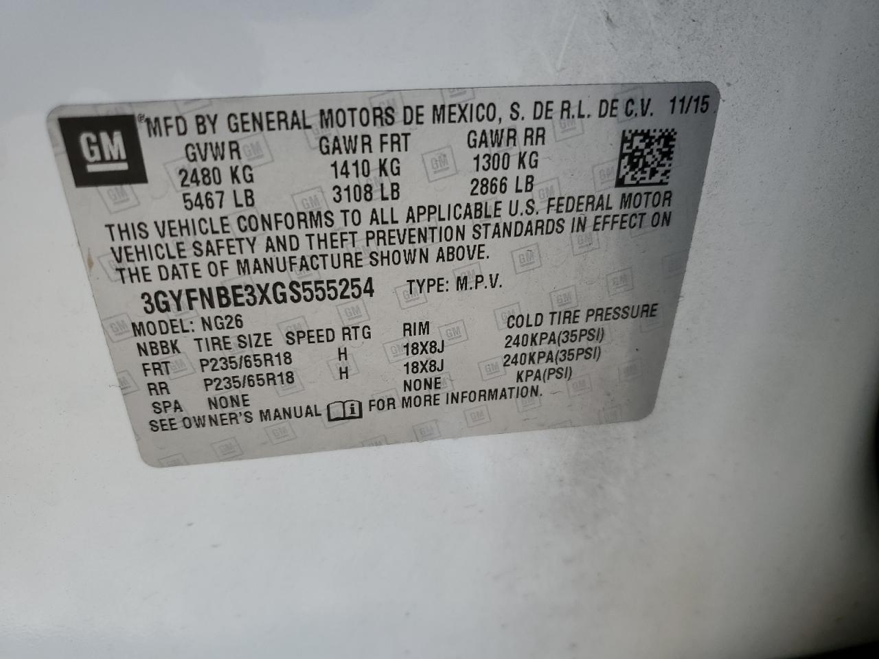 2016 Cadillac SRX VIN 3GYFNBE3XGS555254 Copart auction photo, front end / minor dent/scratches damage thumbnail 15