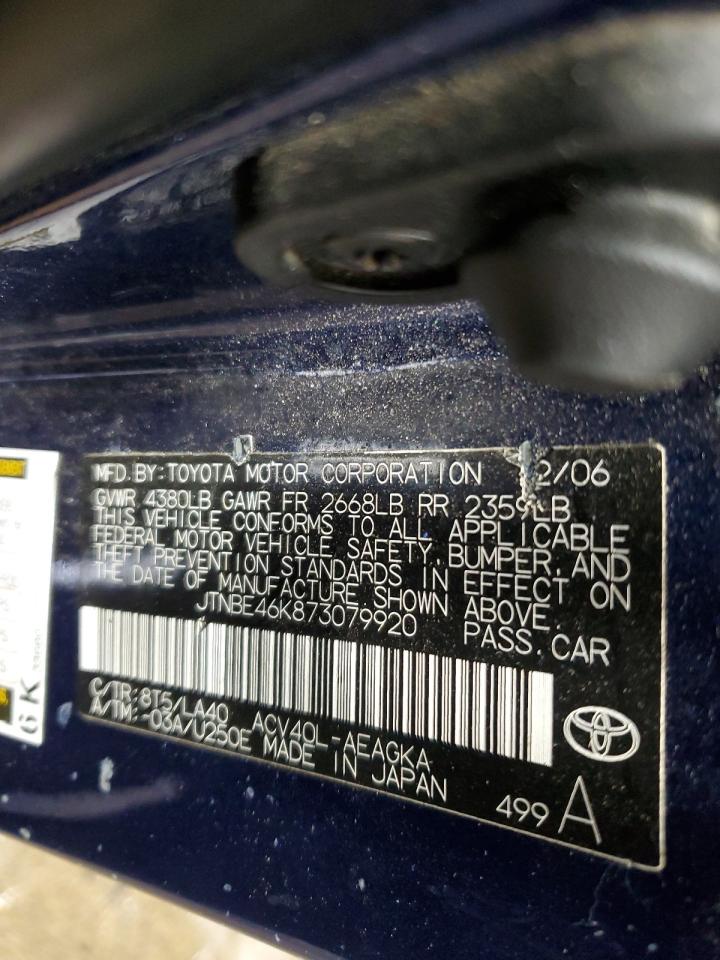 2007 Toyota Camry VIN JTNBE46K873079920 Copart auction photo, rear end / damage history damage thumbnail 12