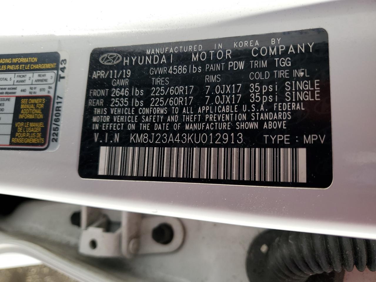 2019 Hyundai Tucson VIN KM8J23A43KU012913 Copart auction photo, side / front end damage thumbnail 14