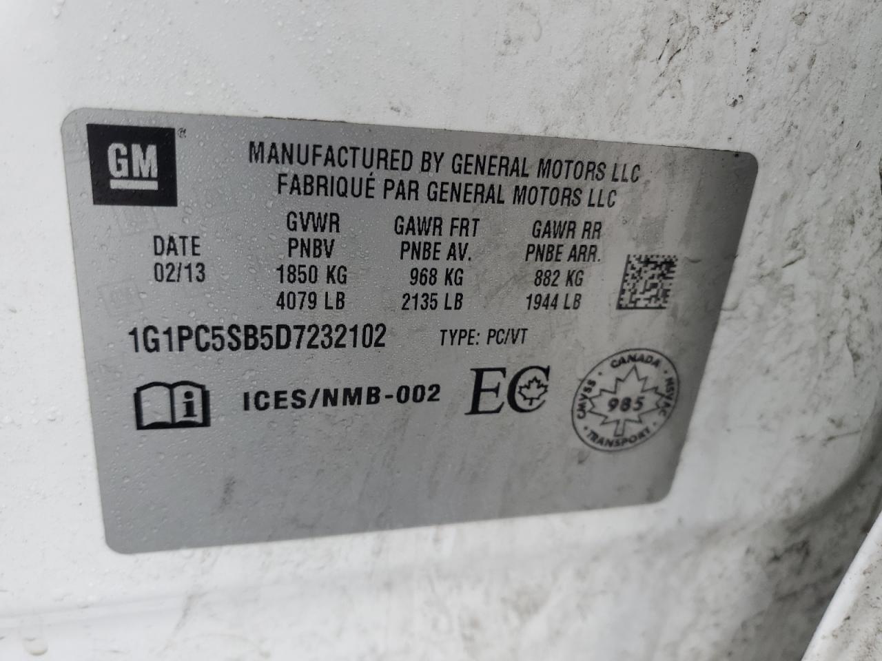 2013 Chevrolet Cruze VIN 1G1PC5SB5D7232102 Copart auction photo, side / minor dent/scratches damage thumbnail 12