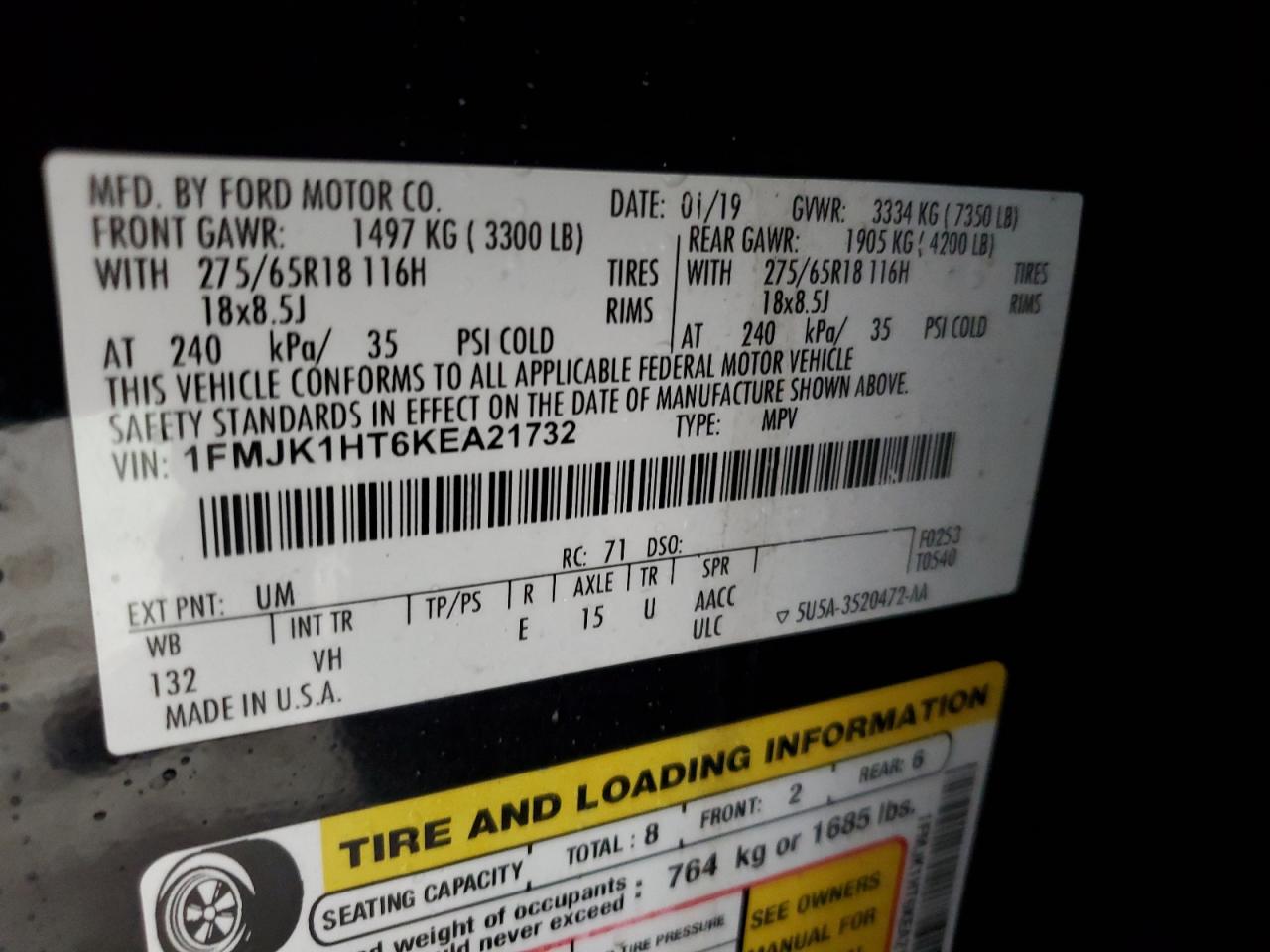 2019 Ford Expedition VIN 1FMJK1HT6KEA21732 Copart auction photo, side damage thumbnail 15