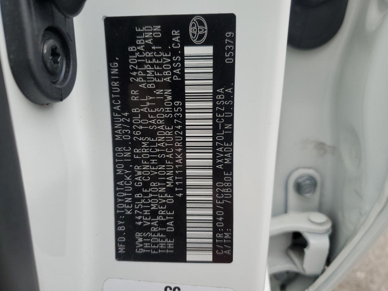 2024 Toyota Camry VIN 4T1T11AK4RU247359 Copart auction photo, all over damage thumbnail 12