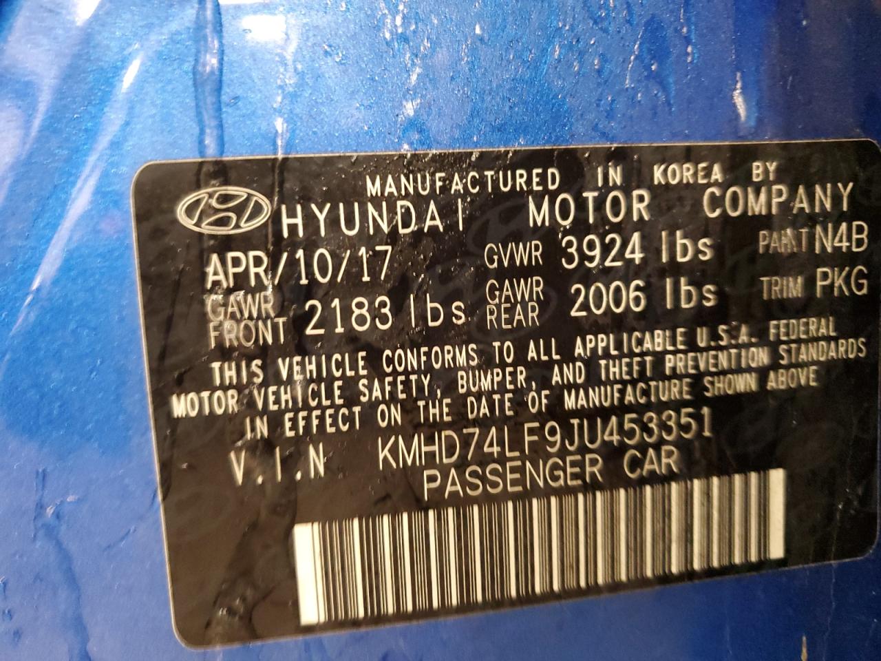 2018 Hyundai Elantra VIN KMHD74LF9JU453351 Copart auction photo, front end damage thumbnail 12