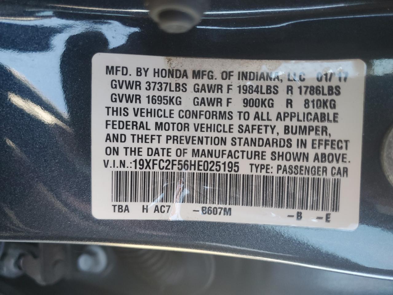 2017 Honda Civic VIN 19XFC2F56HE025195 Copart auction photo, all over damage thumbnail 14