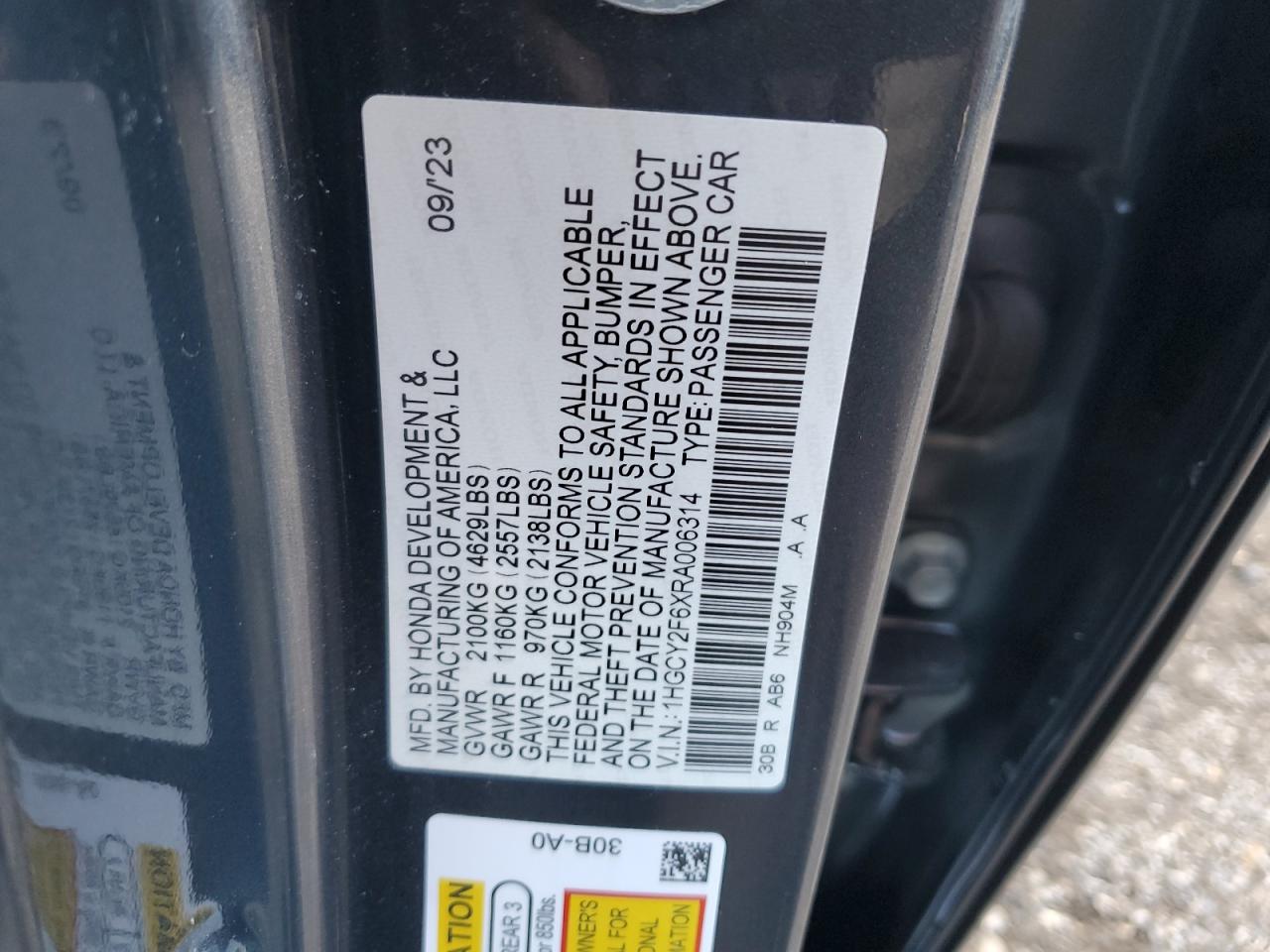 2024 Honda Accord VIN 1HGCY2F6XRA006314 Copart auction photo, front end / rear end damage thumbnail 14
