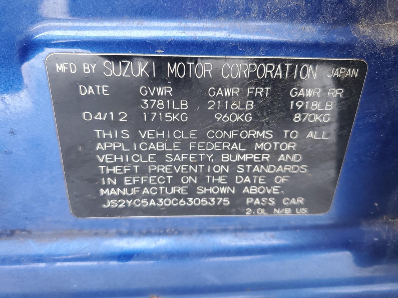 2012 Suzuki SX4 VIN JS2YC5A30C6305375 Copart auction photo, front end / side damage thumbnail 12