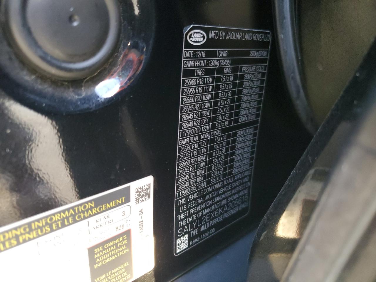 2019 Land Rover Range Rover VIN SALYL2EX6KA205615 Copart auction photo, front end damage thumbnail 14
