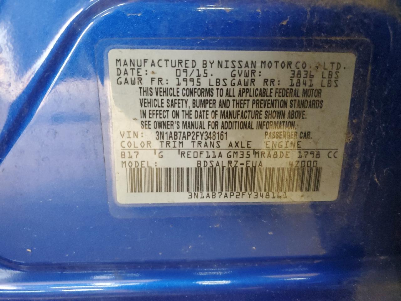 2015 Nissan Sentra VIN 3N1AB7AP2FY348161 Copart auction photo, front end / rear end damage thumbnail 15